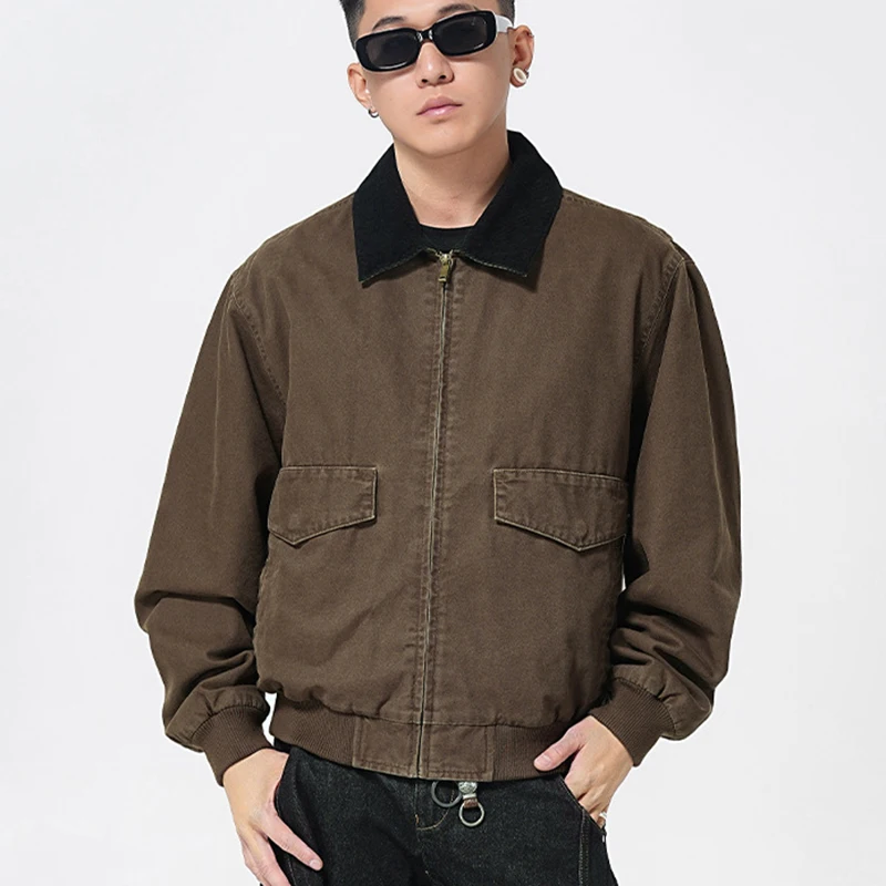 Spring Autumn Vintage Men Color Block Corduroy Collar Washed Workwear Jacket Zipper Multi Pocket Loose Oversized Streetwear Coat