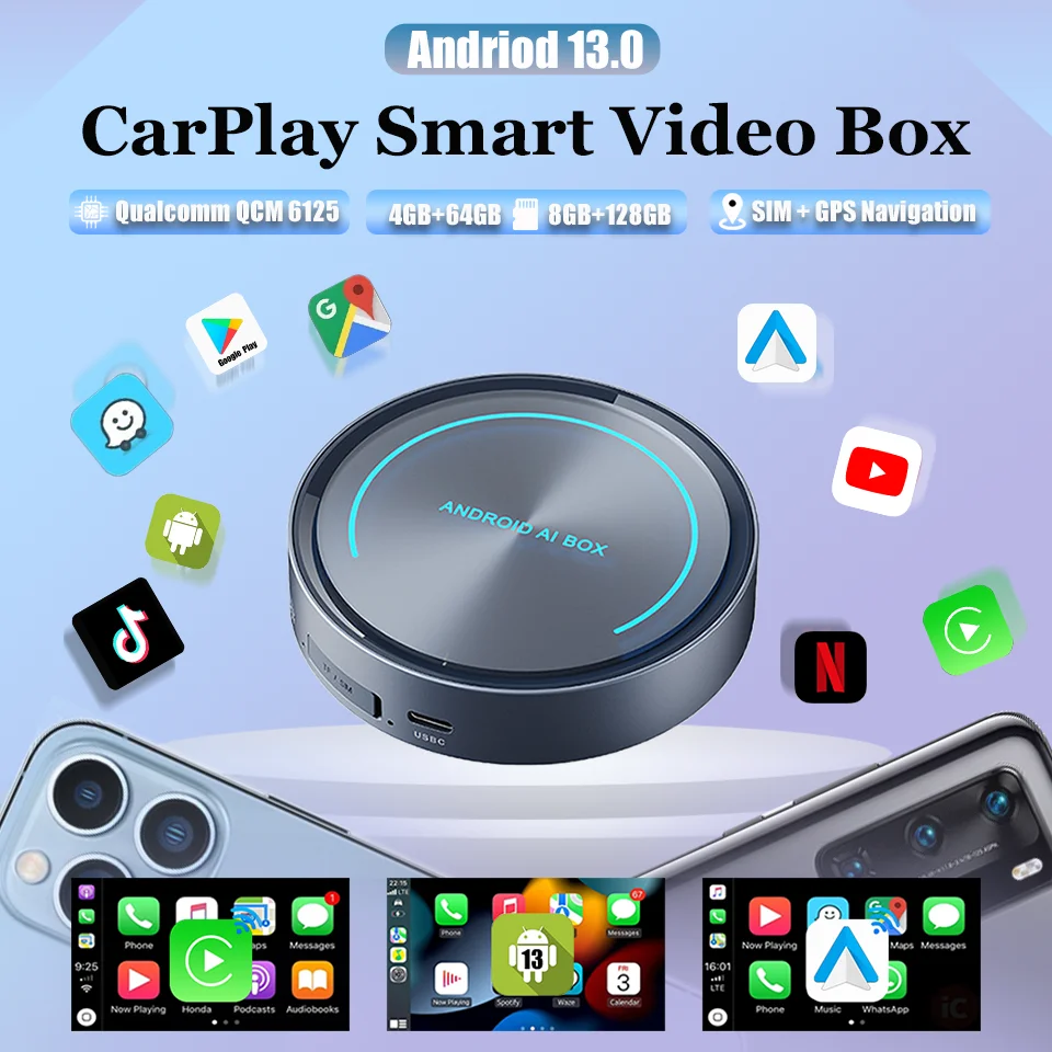 2024 New Android13 Android Auto Apple CarPlay 3In1 Smart TV Box 8 Core + 128GB Built-in Netflix YouTube Play Store Any Download