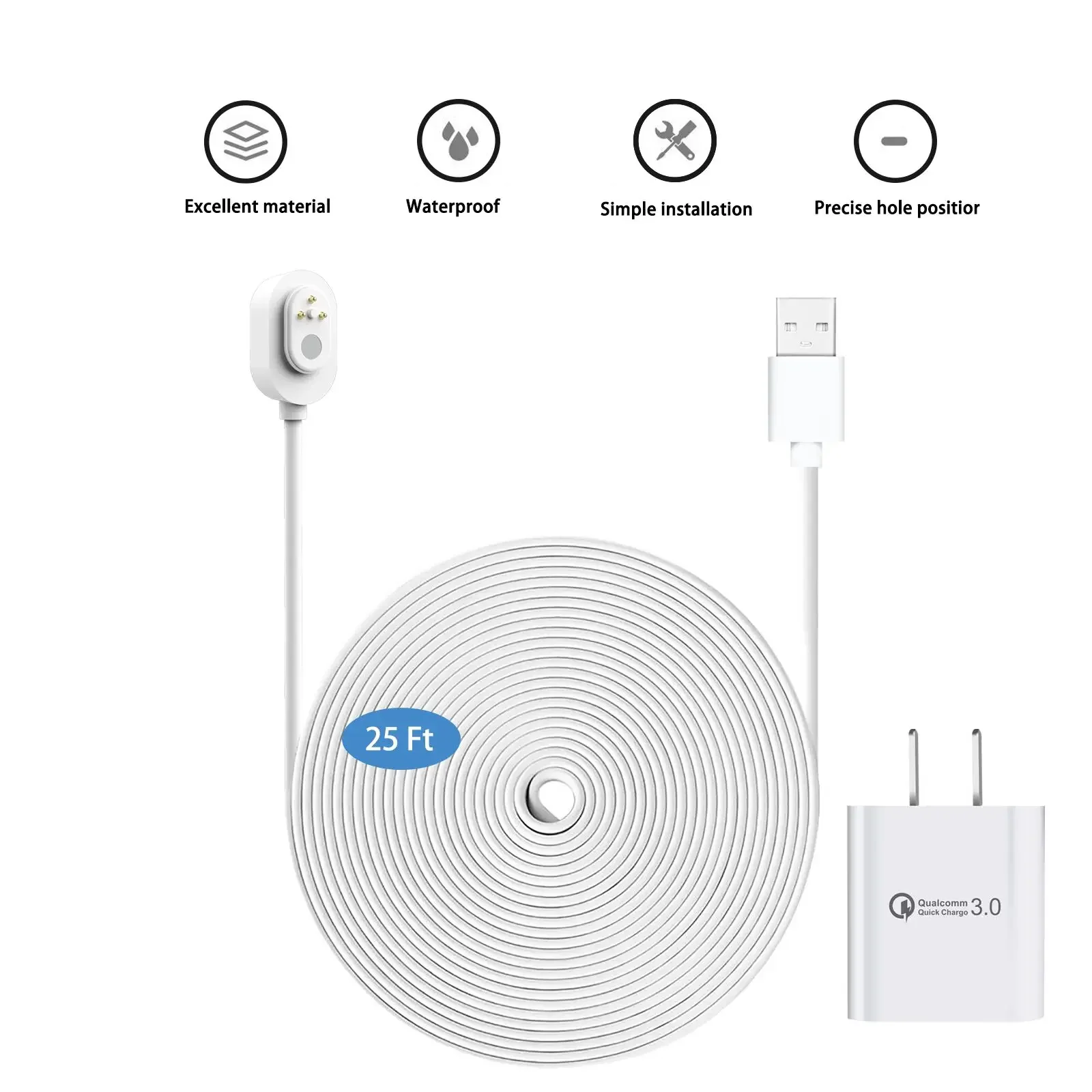 Kabel pengisi daya tahan cuaca 7.6m putih, untuk Arlo Ultra/Ultra 2/Pro 3/Pro 4/Go 2/PRO 5S dengan pengisi daya Cepat Port USB