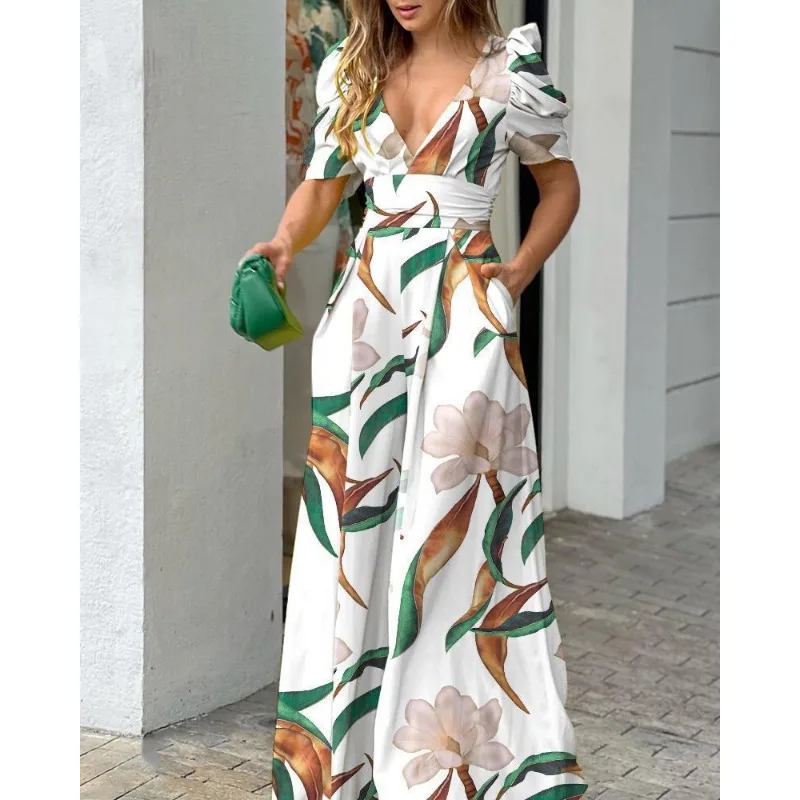 Summer new women\'s fashion temperament V-neck waist wide leg jumpsuit