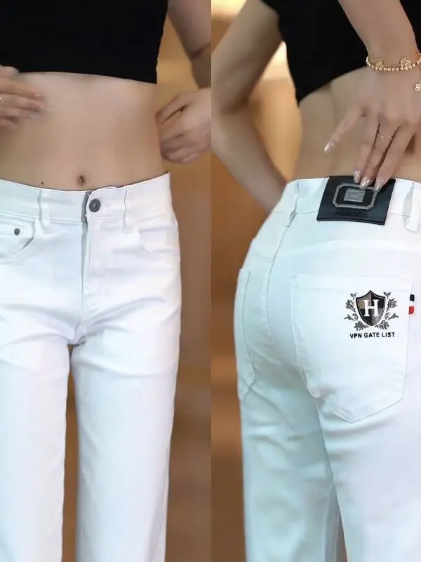 

Повседневные белые мужские джинсы, облегающие эластичные длинные брюки с принтом для отдыха, корейские молодежные износостойкие брюки на молнии со средней талией