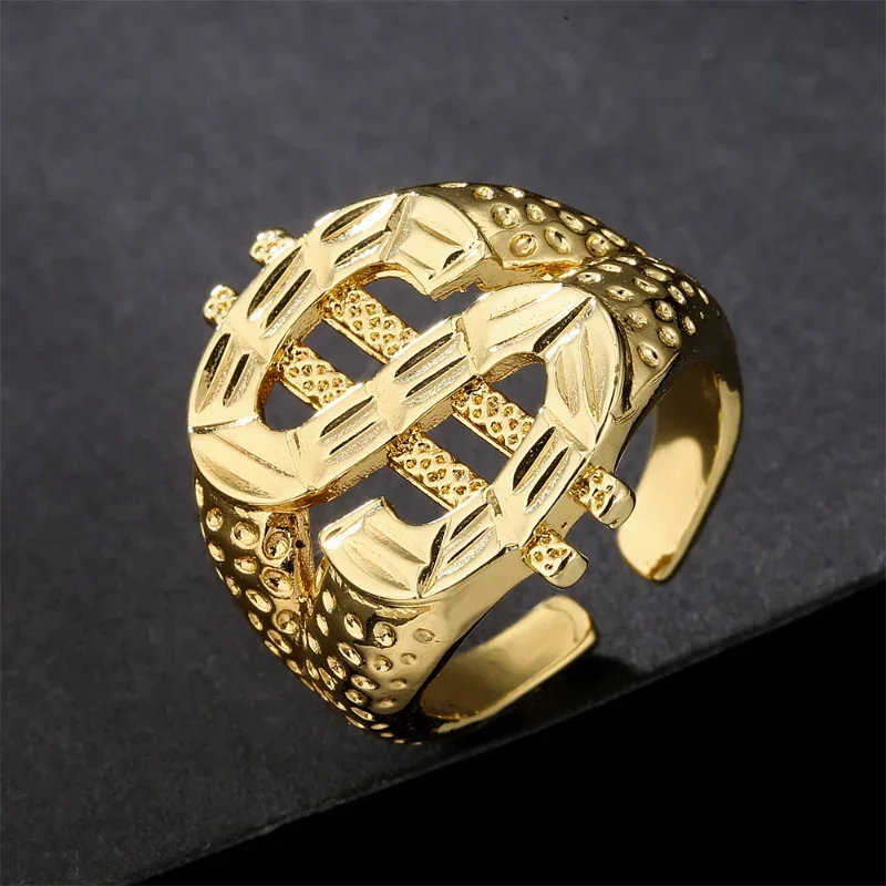 Luxury Golden Dollar Sign Bling Trendy Ring for Men Fashion Hip Hop Rock Party Jewelry Ring Mens Jewellery Gift Wholesale