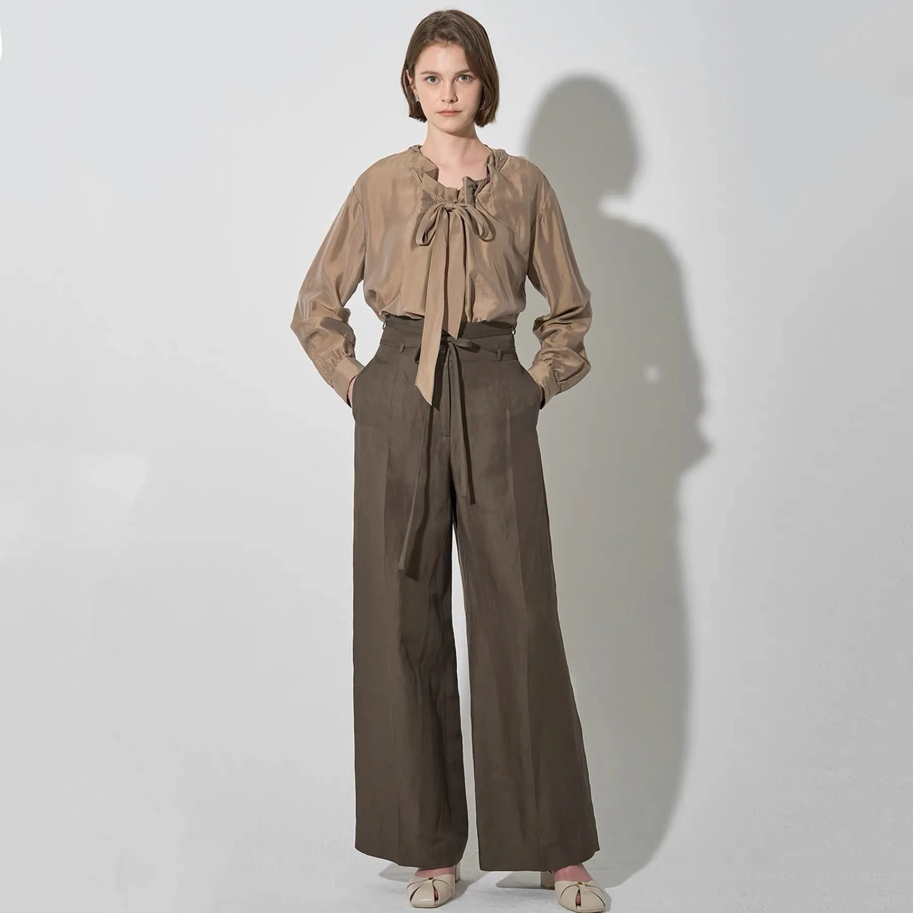 Broek met hoge taille en wijde pijpen Linnen materiaal Woon-werkverkeer Faion Belt Design Dames casual broek Comfortabele broek met hoge taille