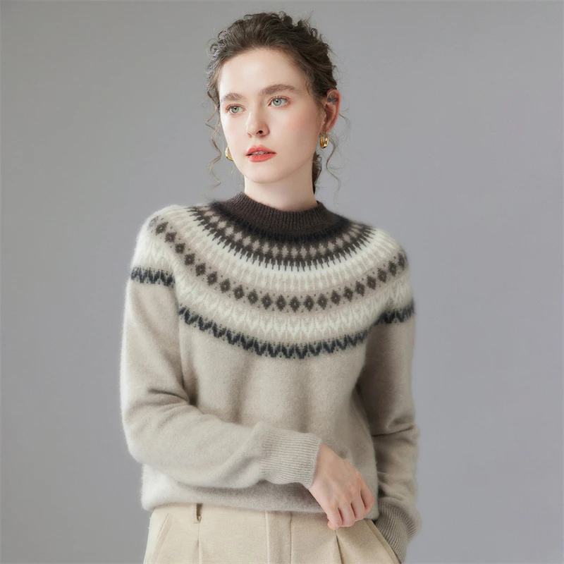 35% kasjmier Fair Isle trui, verdikte damestrui met ronde hals, havermout/rood