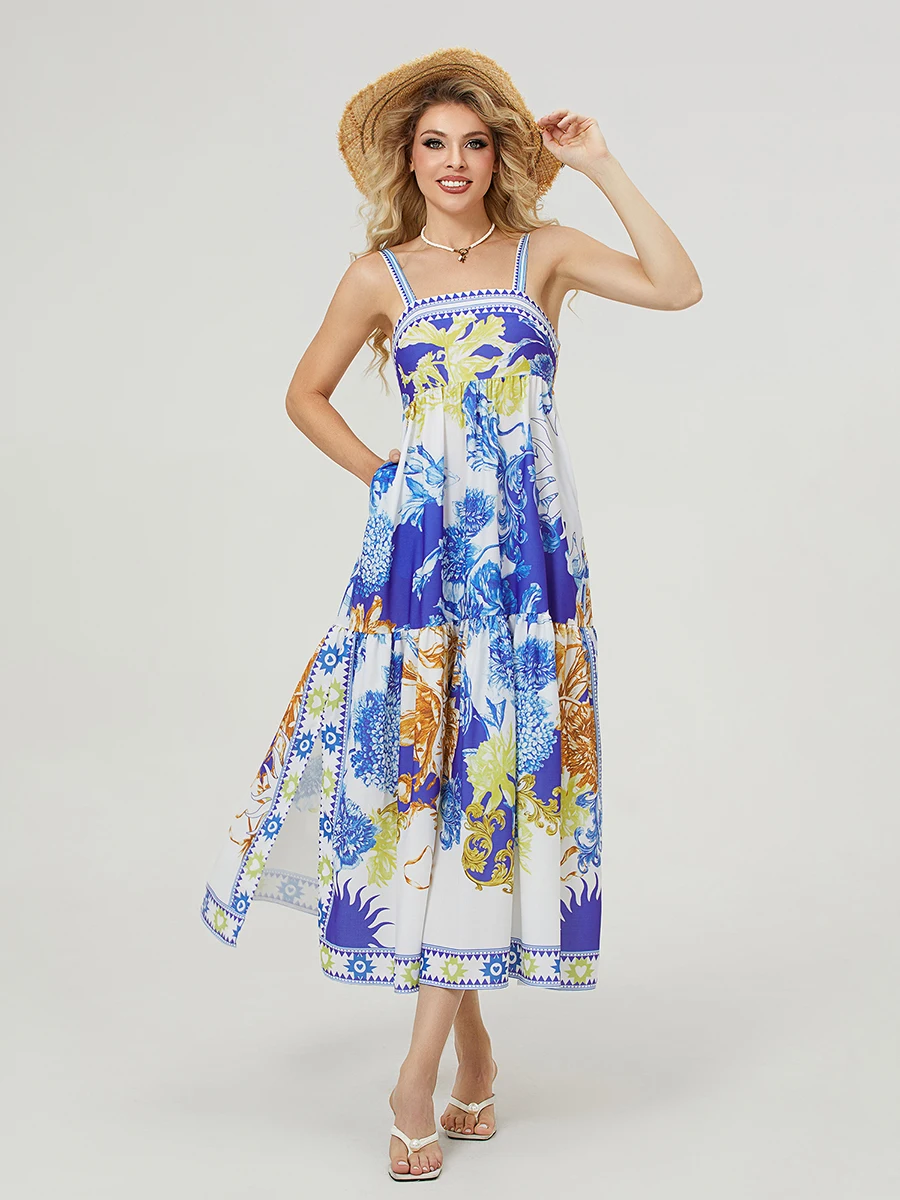 New Fashion Women Long Dress Tie-Dye Print Backless Cami Dress Summer Fashion Sleeveless Casual Dress S M L