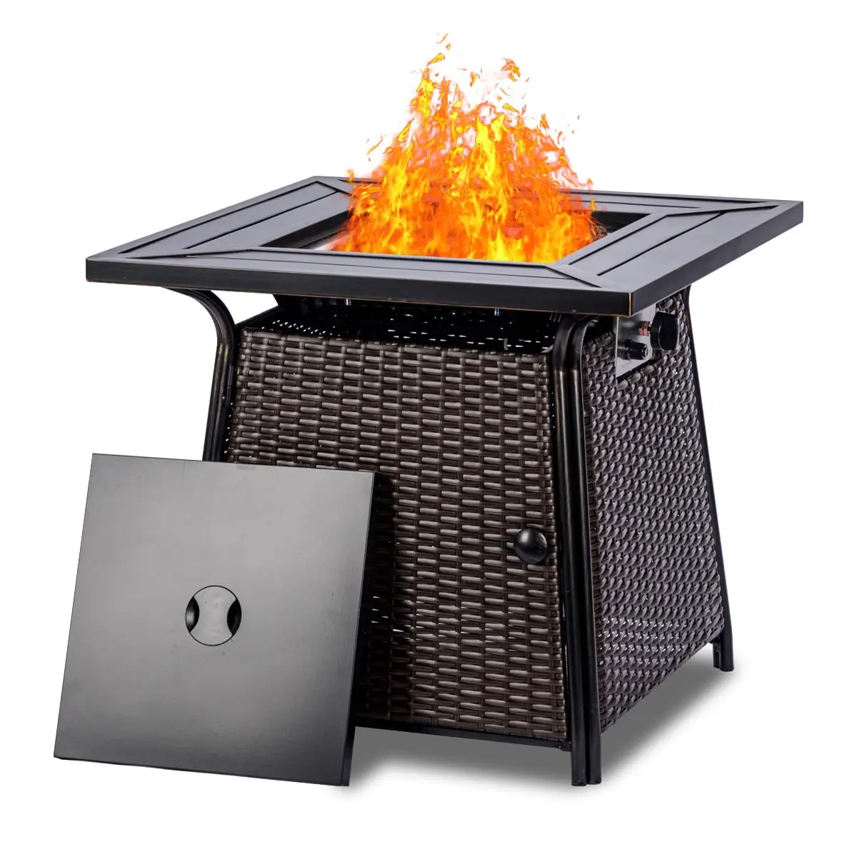 28 inch Wicker Rattan Propane Fire Pit Table,50000 BTU Gas Fire Pit