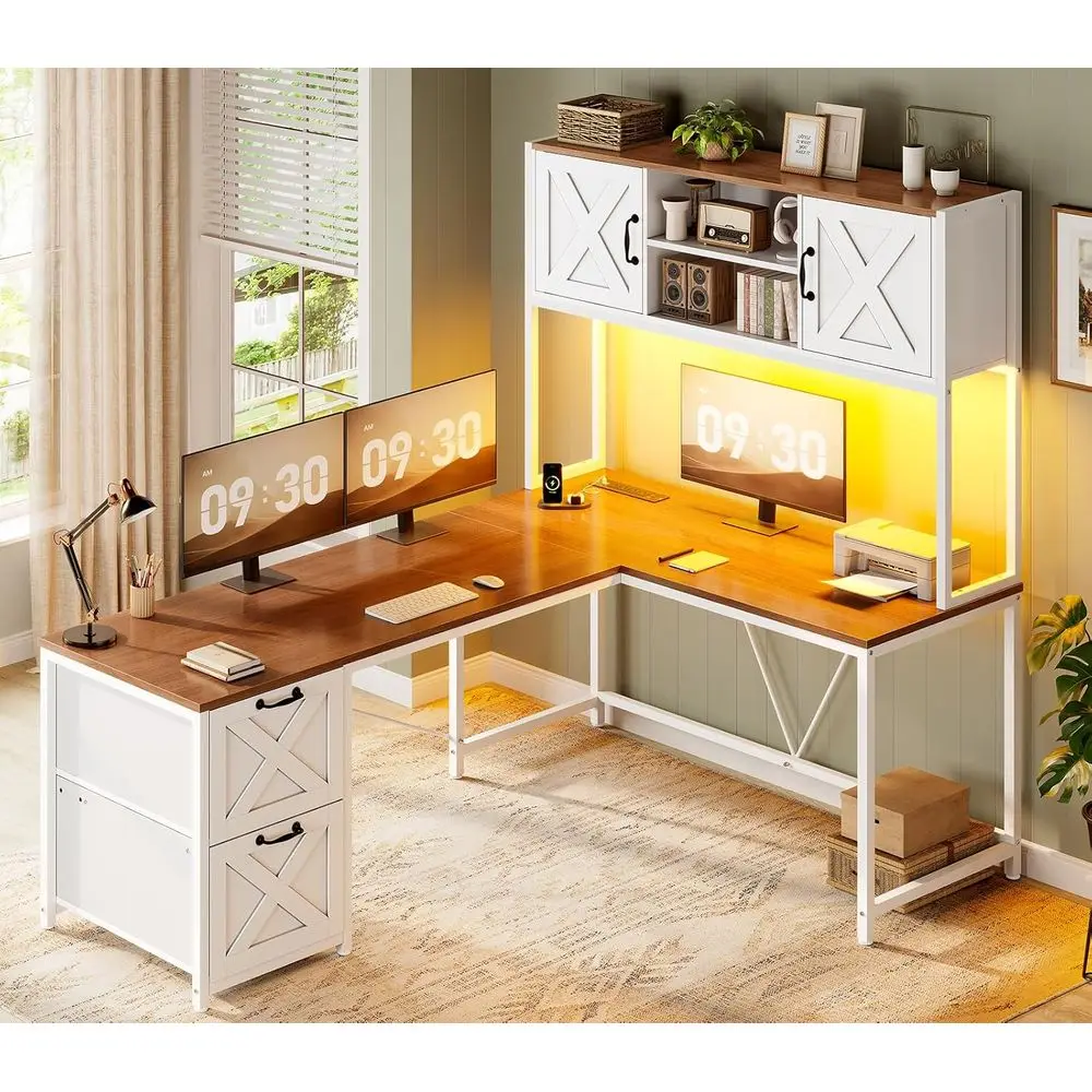 L Shaped Desk with Hutch, Reversible 86.6 Computer Desk with Drawers and Power Outlet for Home Office/Two Person, Desk with LED