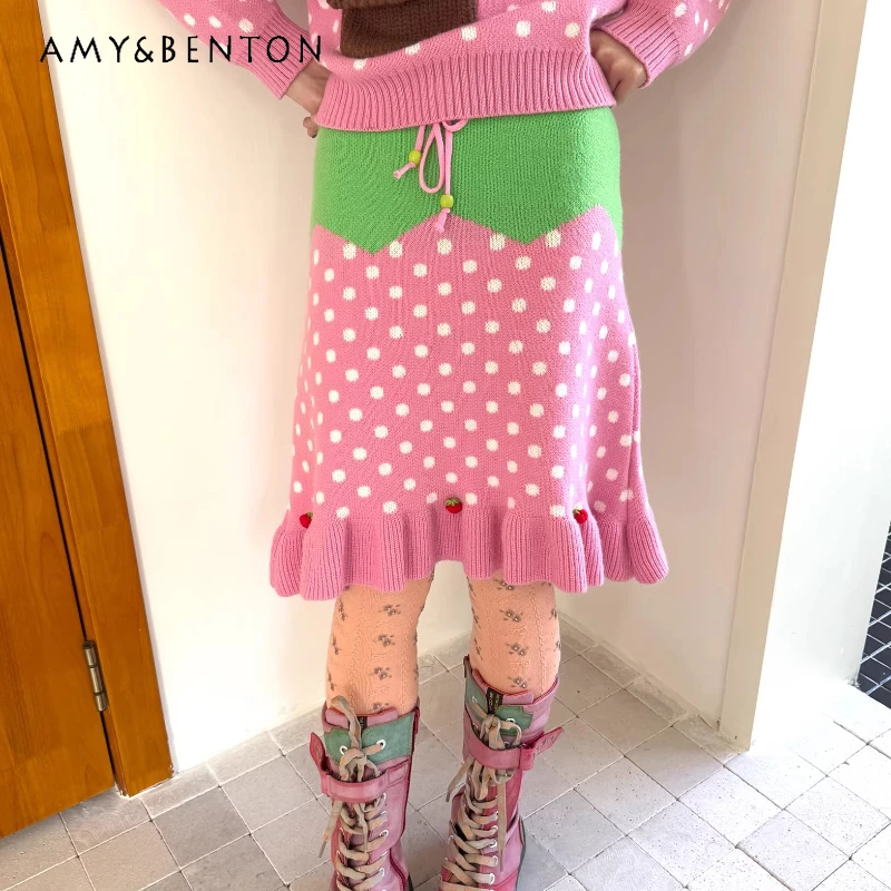 

2026 Spring New Fruit Print Polka Dot Splicing Women's Short Skirt Japanese Design Sweet Knitted Lace Slimming Skirts Ladies