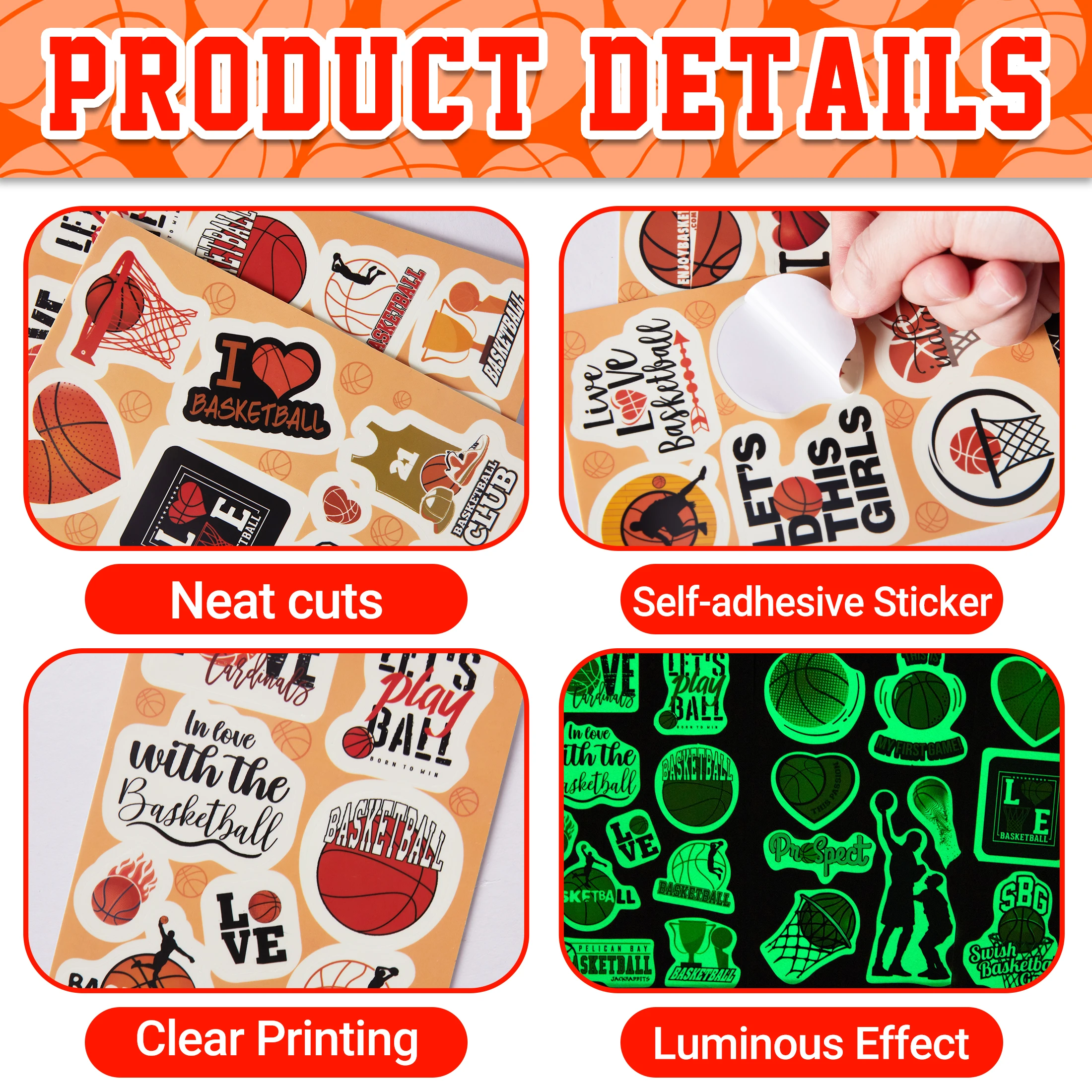 50pcs Glow In The Dark Basketball Stickers,Cute Basketball Gifts Sports Stickers Suitable Water Bottle For Children Teens Adults