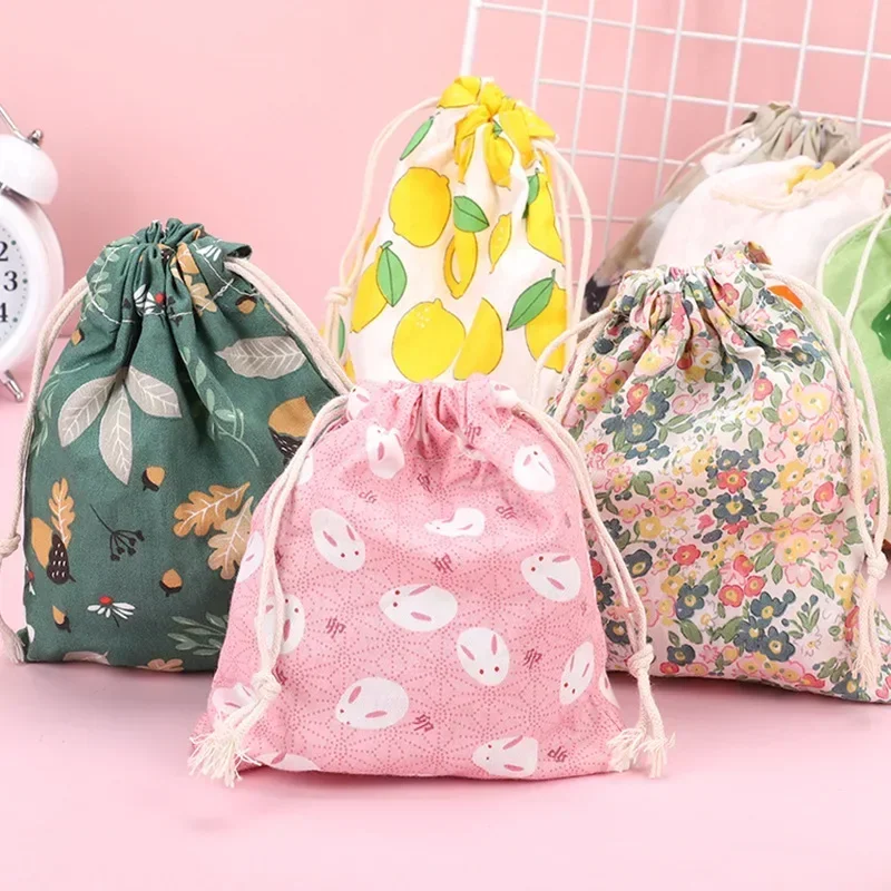 Fruit Print Drawstring Storage Bag Change Coin Lipstick Headphone Pouch Mini Cute Candy Jewelry Pocket Organizer Cosmetic Bags