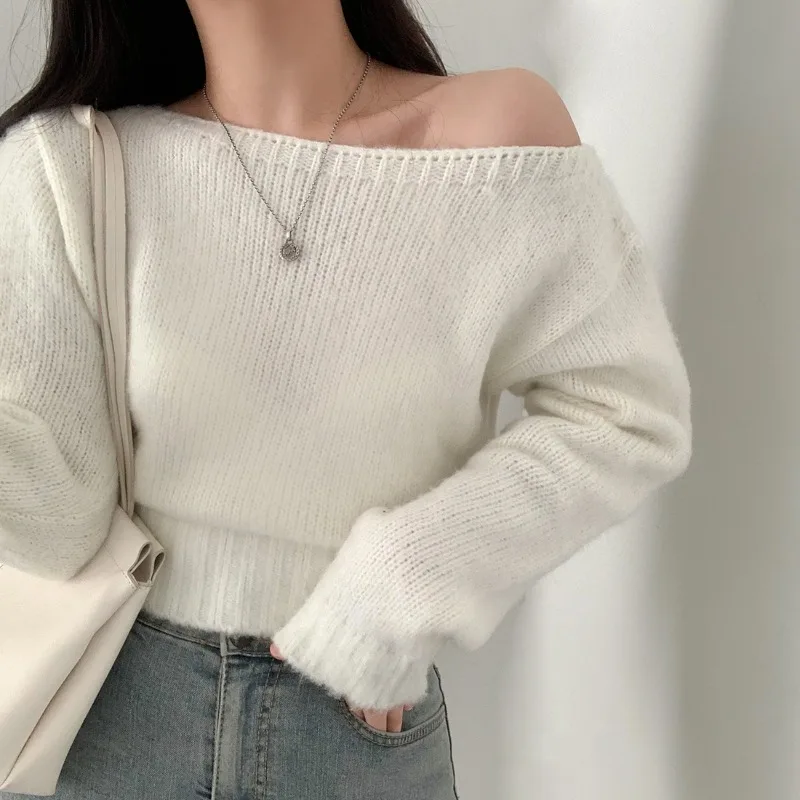 Slash Neck Roupas Feminina Off Shoulder Ropa Mujer Temperament 2024 Woman Tops Long Sleeve Sweater Gentle Moda Sueteres