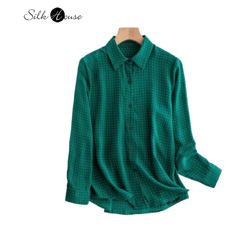 

2024 Early Autumn New 100% Natural Mulberry Silk Crepe De Chine Polka Dot OL Style Versatile Casual Women's Long Sleeve Shirt