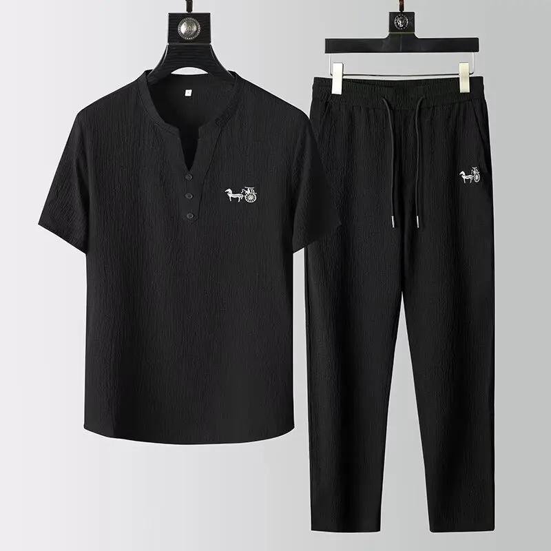 T-shirt, Pants, Thin Casual Sports Suit, Men's Summer High-end Brand V-neck Embroidered Slim Fit Short Sleeved Two-piece Set