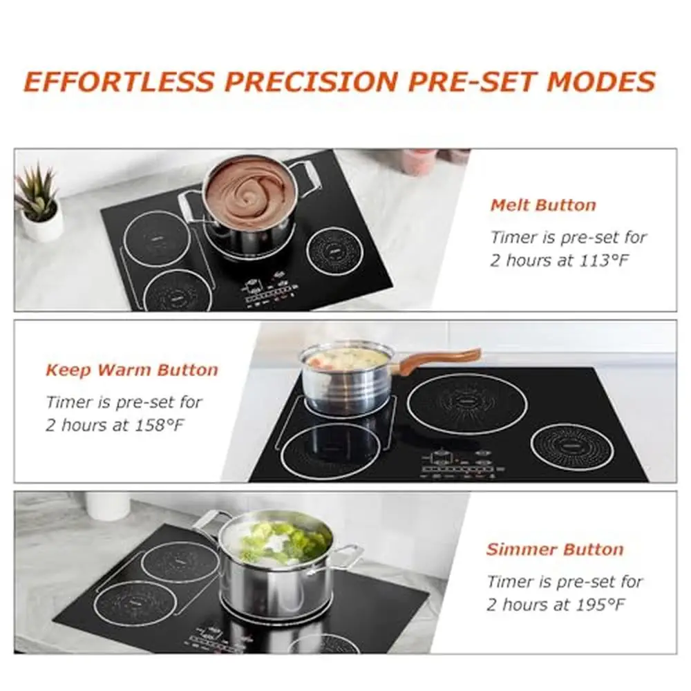 30" Induction Cooktop 4 Burner Electric Stove Melt Keep Warm Simmer Modes Bridge Functionality Booster Safety Child Lock Timer