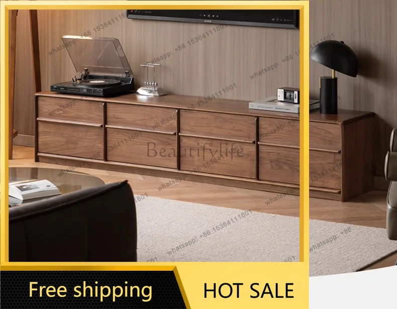 Factory Direct Sales All-Solid Wood Long Storage Black Walnut Floor-standing Cable TV Cabinet