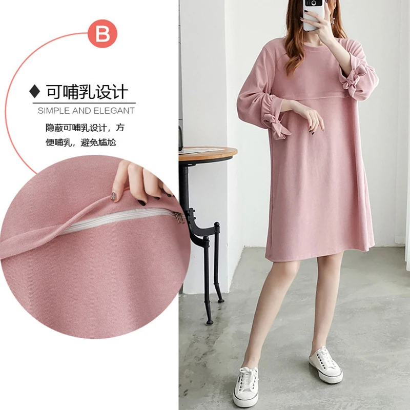 Maternity Autumn Nursing Clothes Spring Autumn Cotton Long Sleeve Loose Stylish Slimming Dress for Pregnant Women Mom Dress