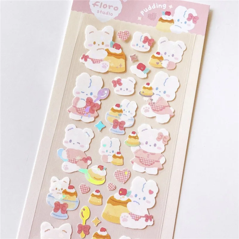 1pc Koreanische Nette Aufkleber Kawaii Bling Bunny Regenbogen Vier-blatt Pudding Aufkleber Wasserdicht Heißer Silber Aufkleber für Student DIY Foto – Detail 14