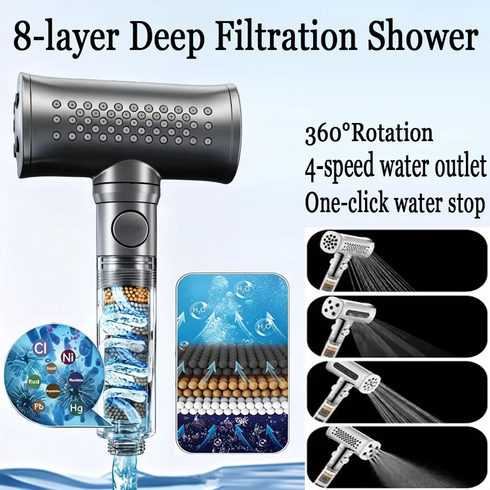 

Душевая лейка с 8-слойной фильтрацией воды, самоочищающаяся, от накипи, 4 режима, высокое давление, большой поток, для ванной комнаты
