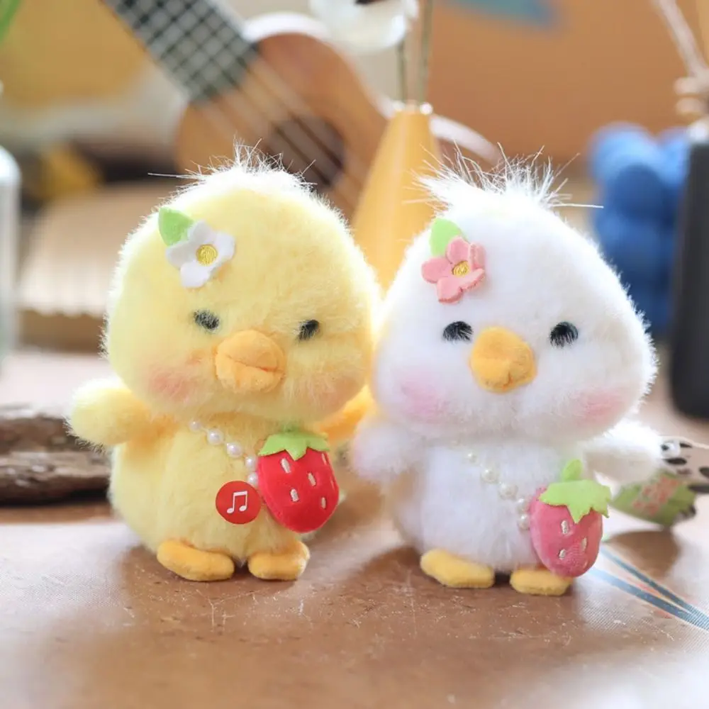 3d Eyes Duck Plush Keychain Hairy Simulation Pressing Music Plush Pendant Stuffed Strawberry Yellow Duck Plush Keyring Children