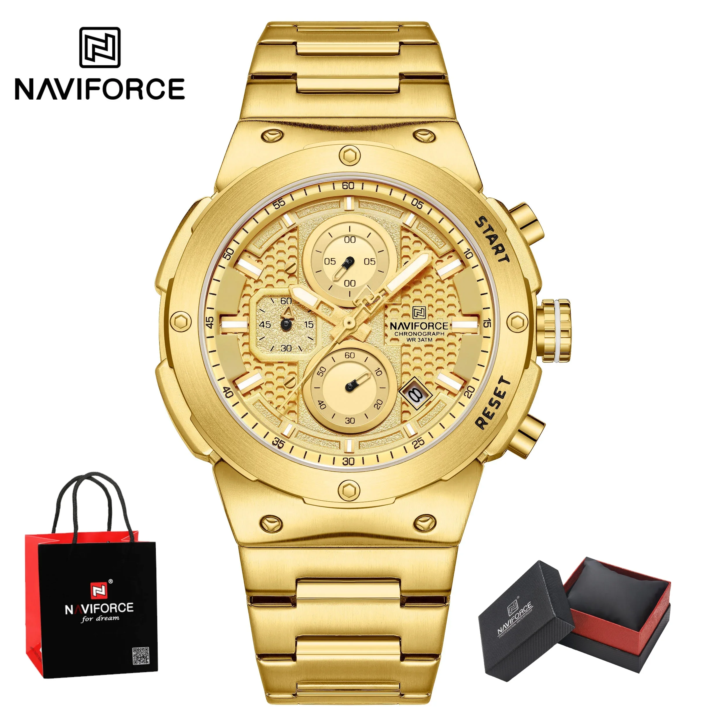 NAVIFORCE Man’s Luxury Men Watches Quartz Luminous Waterproof Chronograph Watch Stainless Steel Sport Military WristwatchGifts