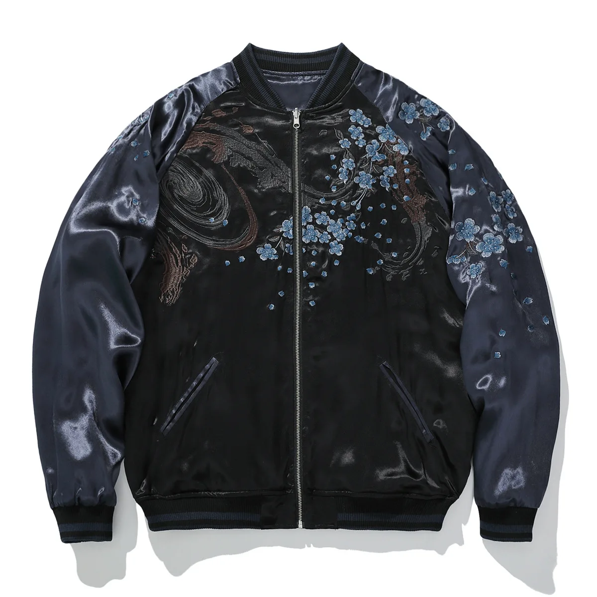 Retro Japanese Style Lion Cherry Blossom Embroidered Sukajan Jacket Men Women Satin Yokosuka Souvenir Streetwear Outer Coat