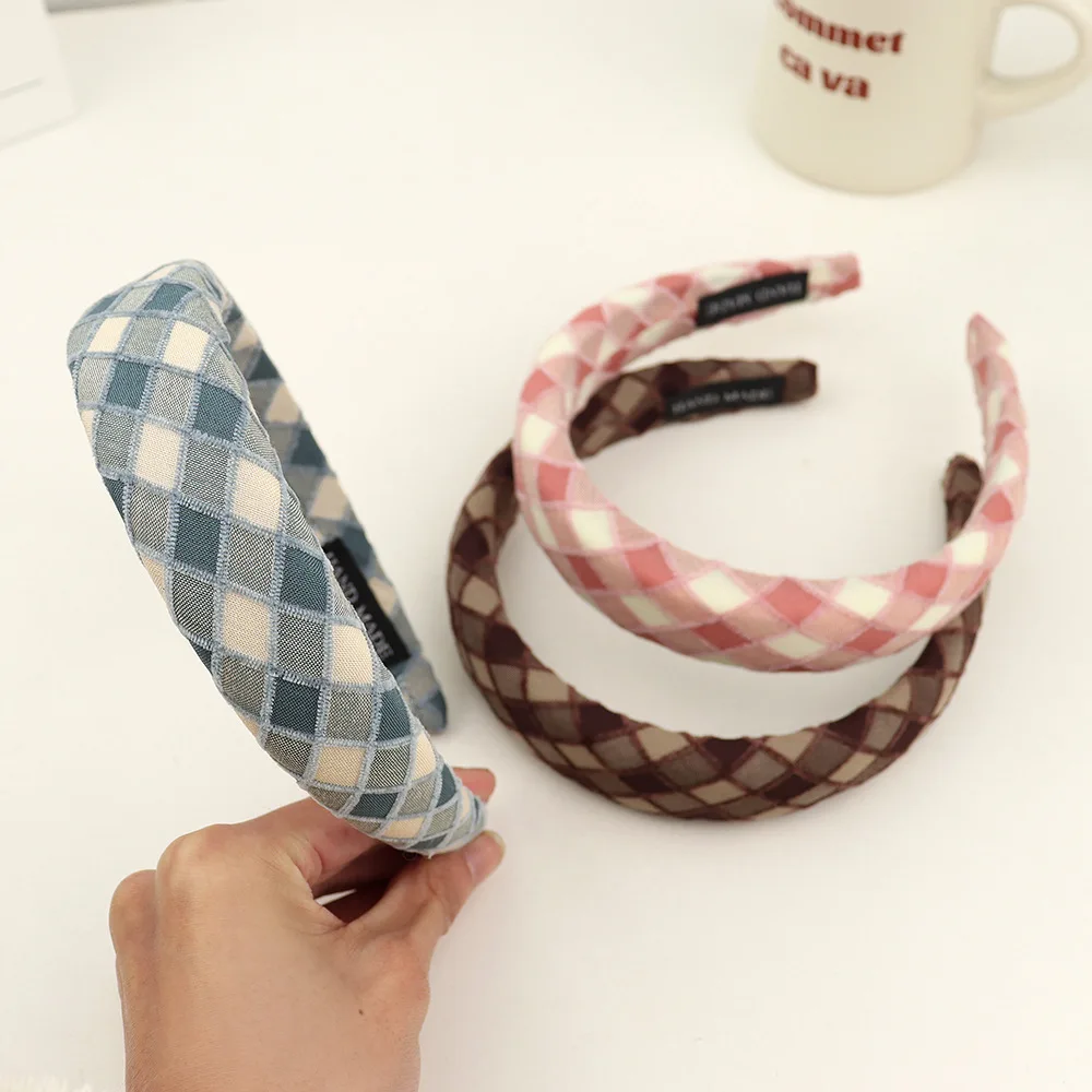 Korean plaid fabric flower headband sweet and cute girlish headband sponge high skull top hairband