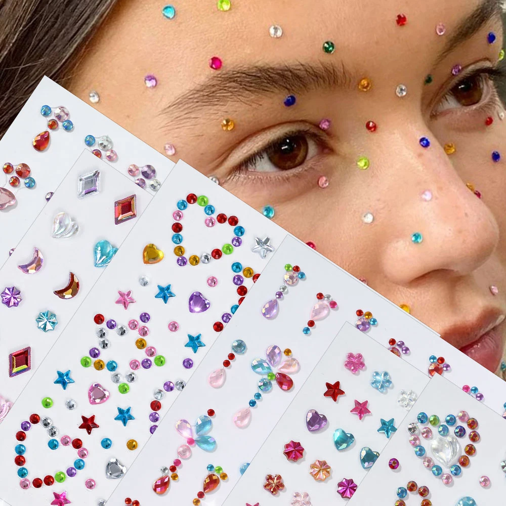1Pcs 3D Face Rhinestones Tattoos Stickers Colorful Heart/Star/Moon Diamonds Sticker for Party Festival Body Makeup Decor Tattoo