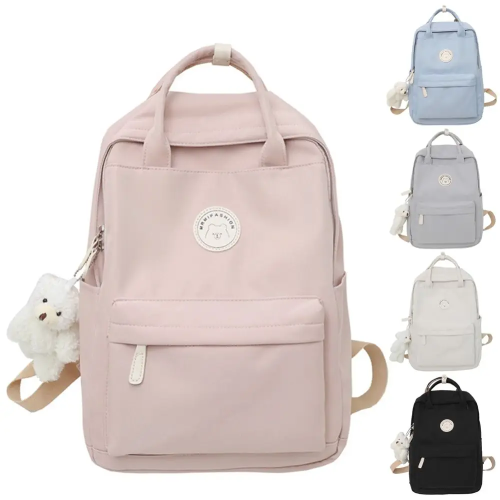 

New Large Capacity Backpack With Plush Pendant Kawaii School Bag Waterproof Solid Color Travel Bookbag For Teenagers Girl