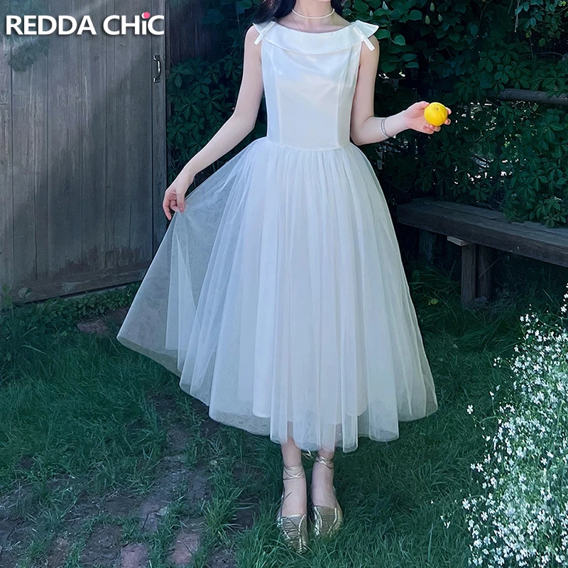 ReddaChic Women Bow Tank Tulle Tutu Gown New In Vintage Sleeveless Satin White Long Puffy Dress Wedding Guest Elegant Costume
