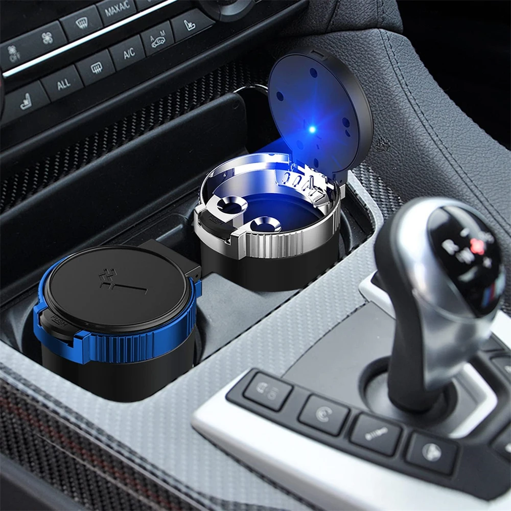 Car Ashtray with Lid Portable Ashtray for Car Detachable Stainless Steel Smokeless Ashtray Blue Light Windproof Trash Can