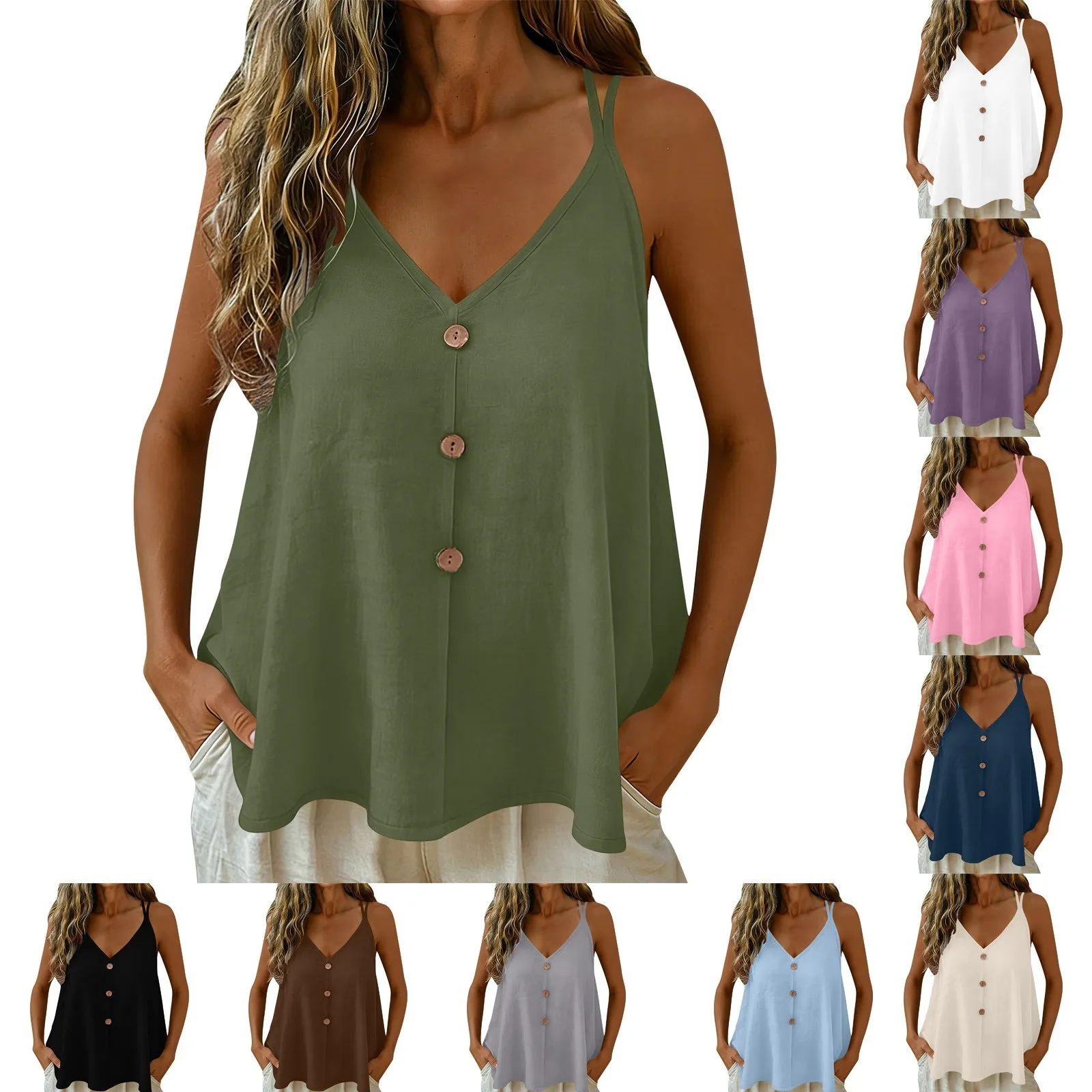 Summer Tank Top Adjustable Straps Camisole V Neck Button Front Sleeveless Top Lightweight Fabric Navy Blue Vest Mid Hip Length