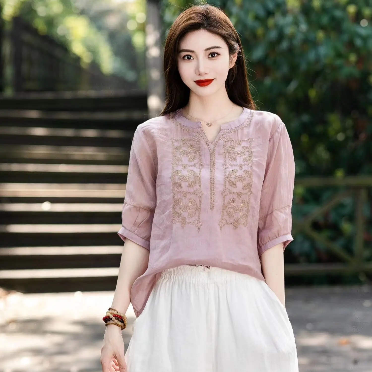 Literature Women Heavy Industry Embroidery V-neck Solid Cotton and Linen Summer Appear Thin Quarter Sleeves Thin Solid Color Top