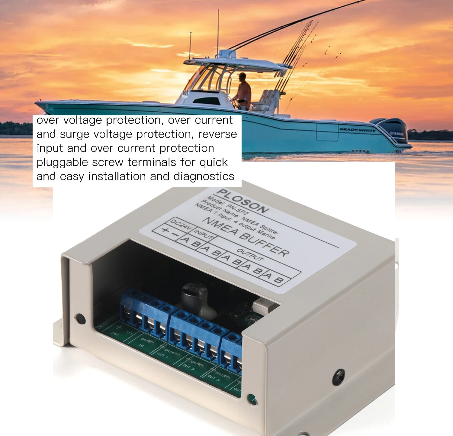 PLOSON PN-SP2 NMEA0183 Splitter NMEA Buffer NMEA 1 input, 4 output Marine Serial Line Splitter Isolating Buffer for 24V Systems