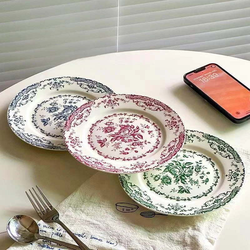 French Rose Ceramic Dinner Plate Simple Retro Elegant Tableware Dish Household Food Serving Plate For Daily Dining