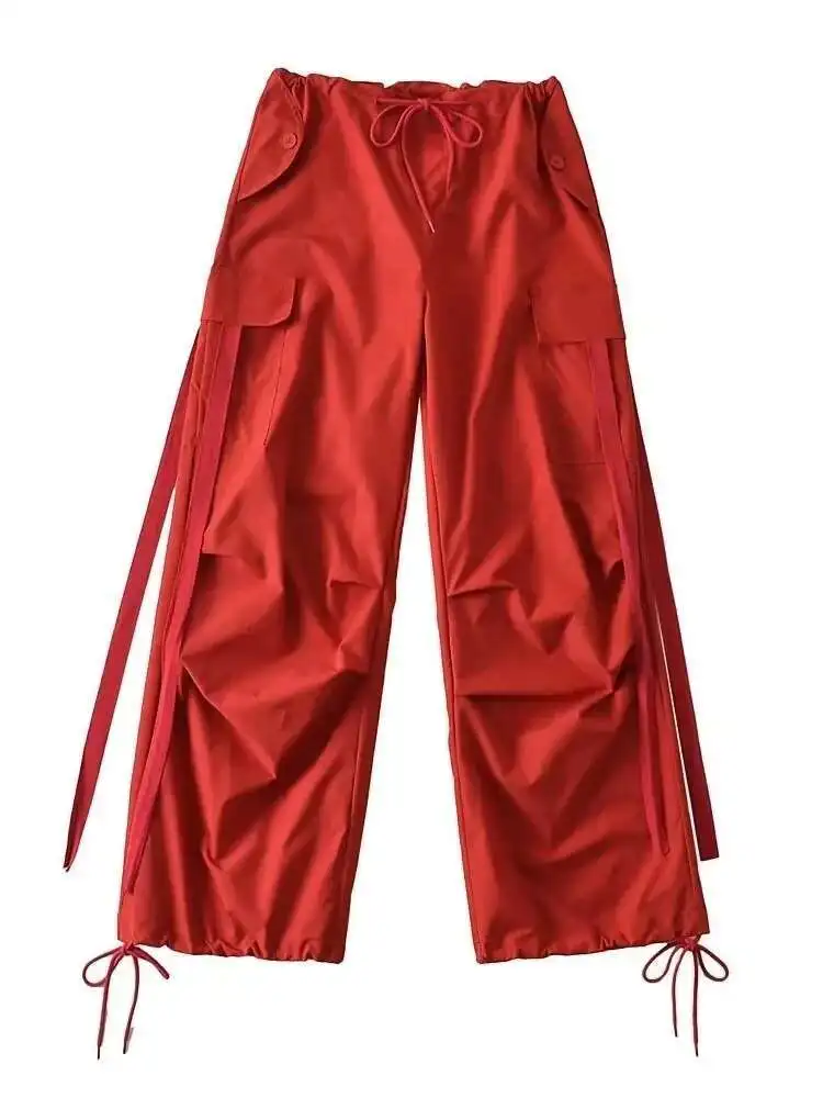 อเมริกันต่ําเอวหลวม Overalls ส่วนบุคคล Multi Slit กระเป๋ายืดหยุ่น Bound ฟุตเต้นรําสบายๆกางเกง Wei กางเกง 6ZTM