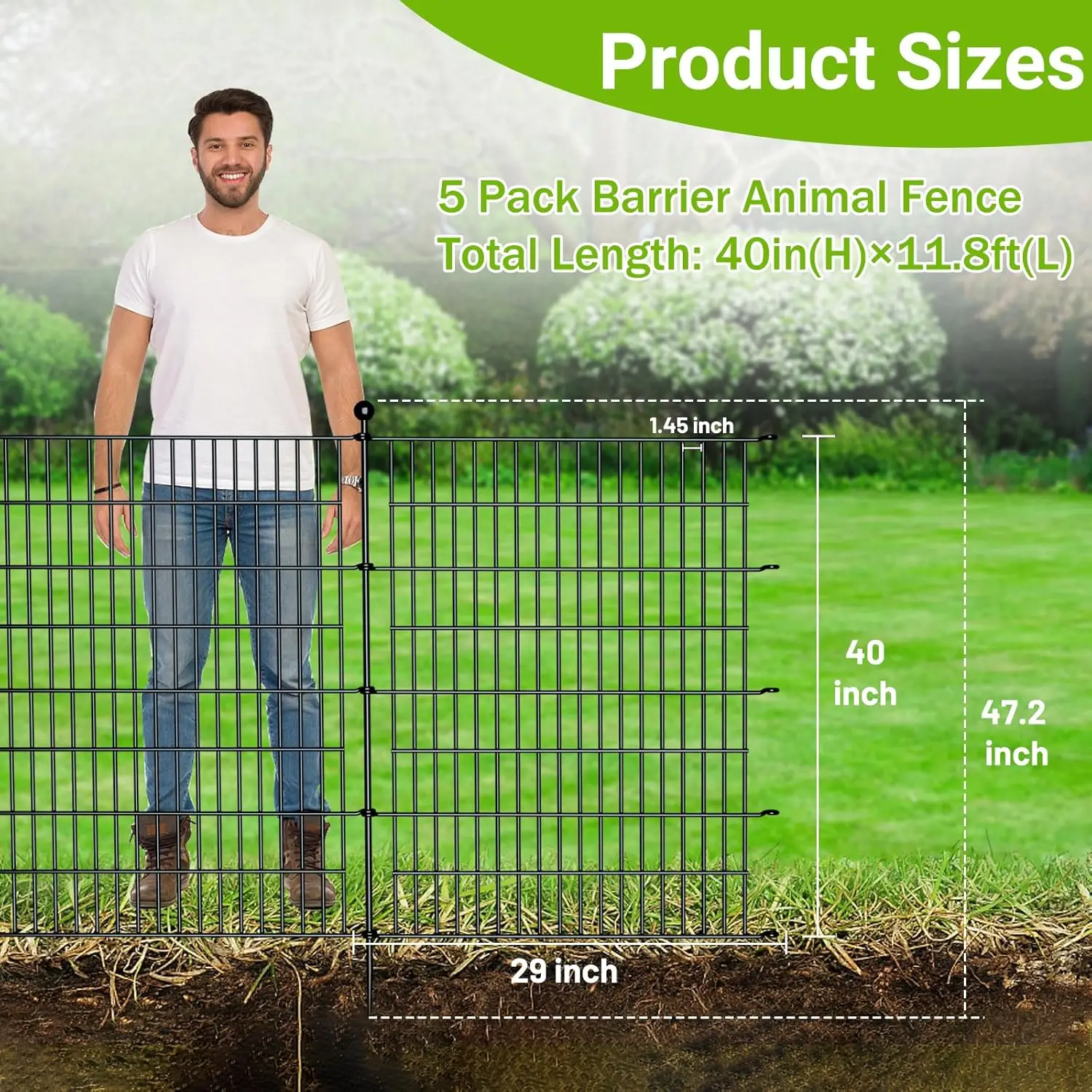 5 Panels No Dig Decorative Outdoor Garden Fence for Yard, 40 in(H) X 11.8 ft(L) Animal Barrier Fencing Rustproof Metal Wire Pane