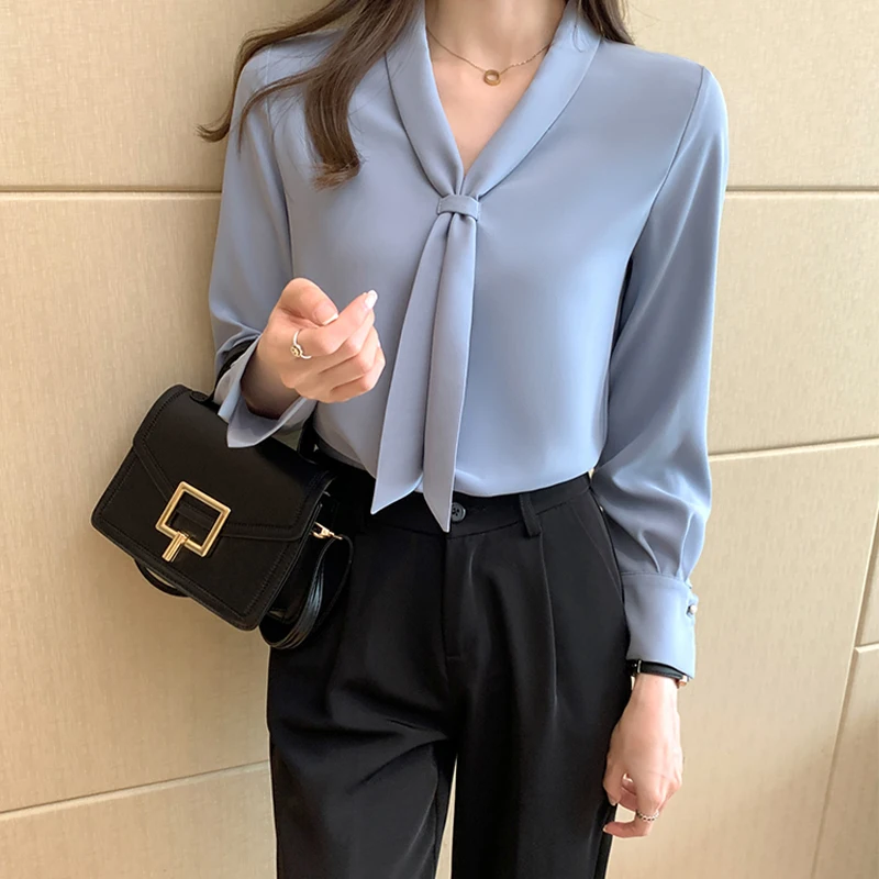 Autumn New Temperament Elegant Chiffon Shirts Women Clothing V-neck Simple Solid Blouse Vintage Loose Office Lady Tops