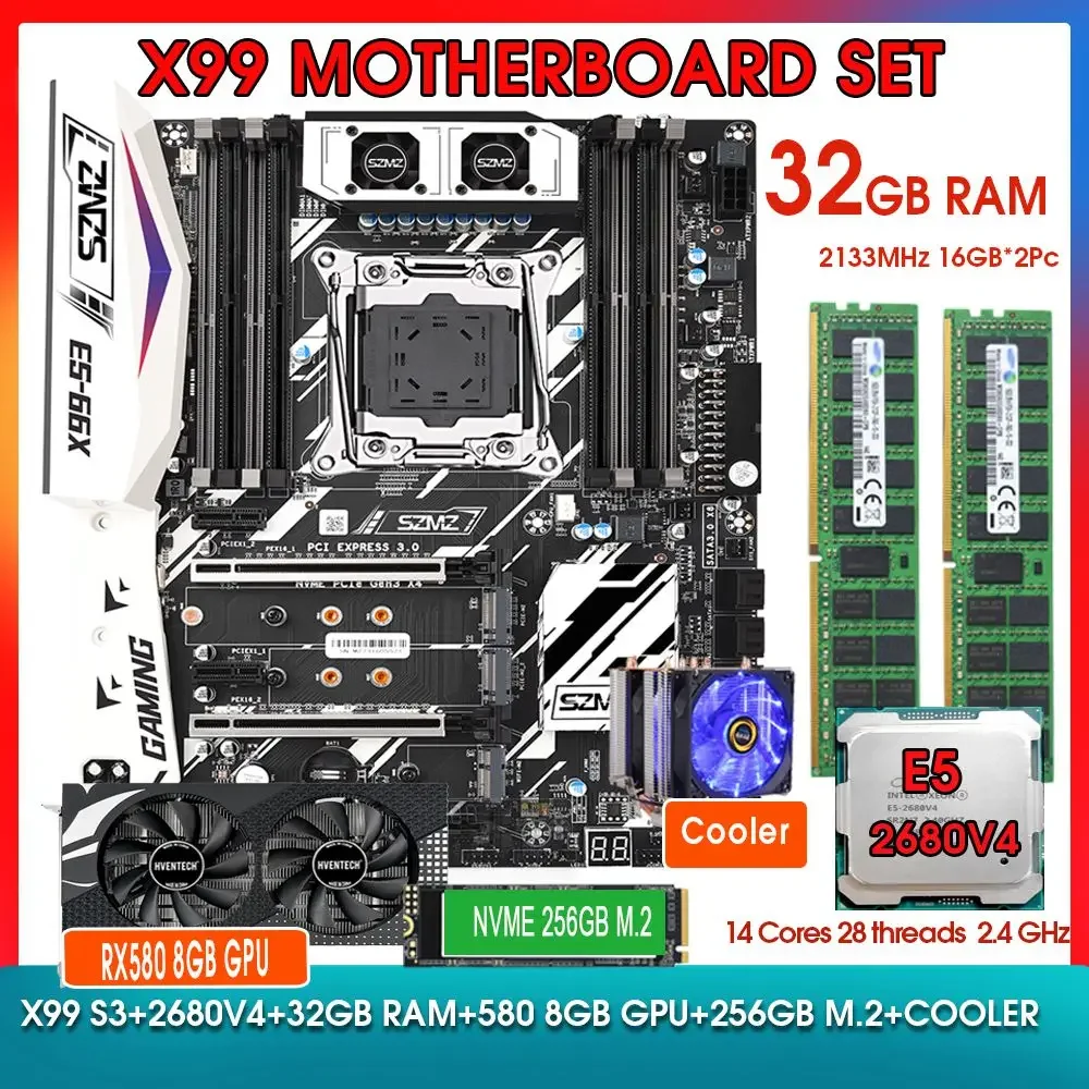 X99-S3 Комплект материнской платы Xeon E5 2680 V4 Процессор 32 ГБ (16 ГБ*2) 2133 МГц RMA NVME 256 ГБ M.2 SSD RX 580 8 ГБ Видеокарта и кулер