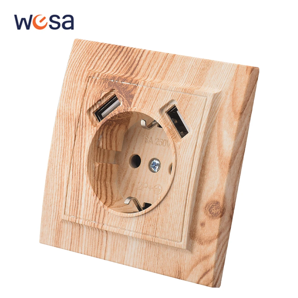 WESA Wood Spray Paint Dual USB Power Socket 2.1A Electrical Outlett EU Standard Ground Plug Wall Socket Flame Retardant Plastic