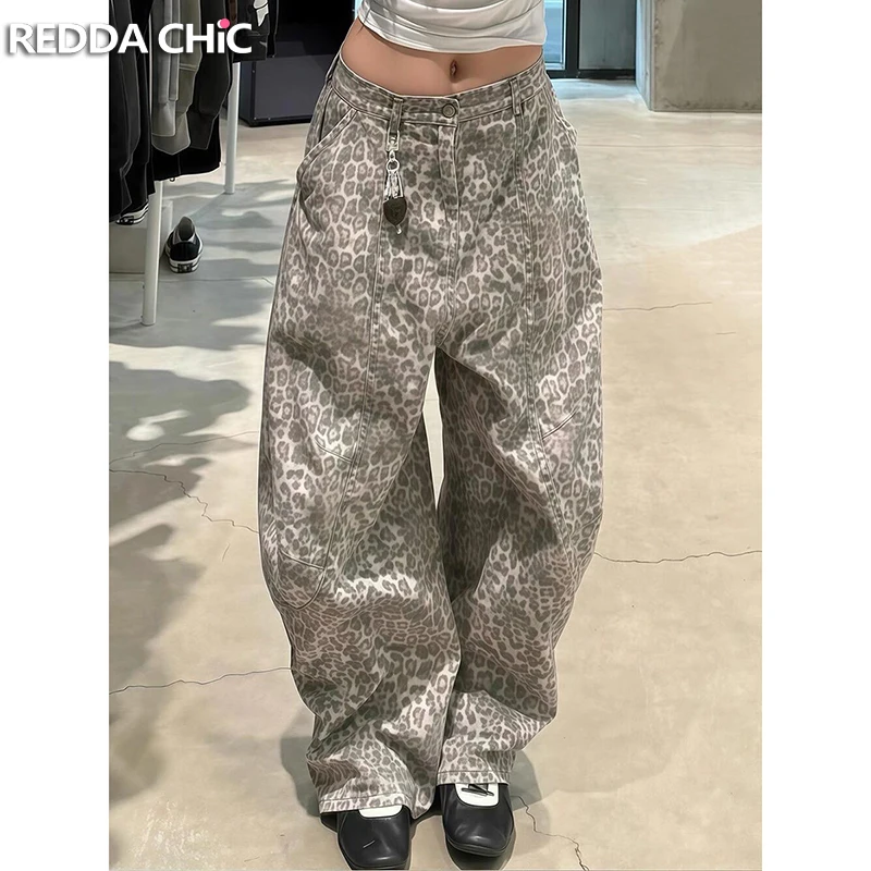 

ReddaChic Leopard Print Baggy Jeans for Women Street Style Horseshoe Pockets Wide Leg Pleated Oversized Pants Retro Y2k Trousers