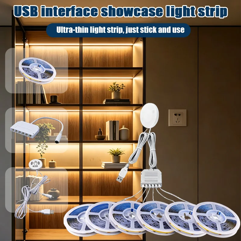 COB LED Strip Light, Dimmable Touch Sensor, Warm 5V USB 8mm Width Dotless Cuttable Tape