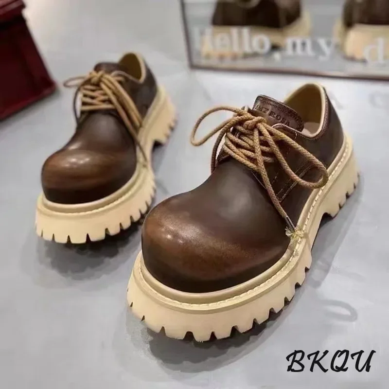 BKQU Clean Big Head Derby Shoes for Men and Women The Same 2024 Autumn British Wind Thick Sole Strap Round Head Thick Heel