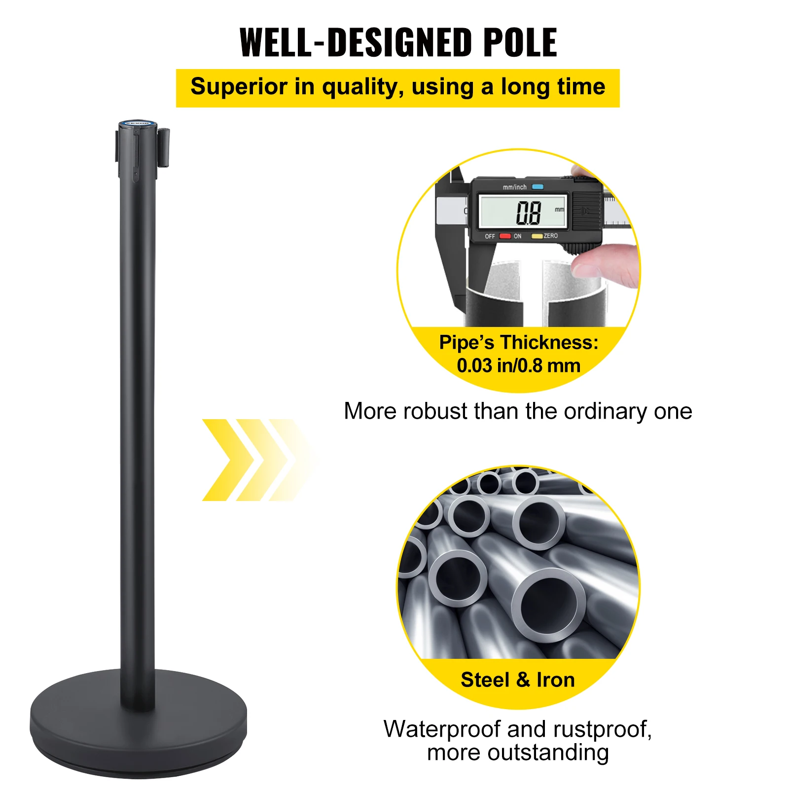 VEVOR 8Pcs Crowd Control Stanchion Stanchion Barriers Heavy-Duty Iron Base Posts with 6.6 ft/2 m 4-Way Black Retractable Belt