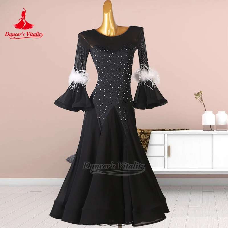 Standard Social Dance Feather Decoration Flared Sleeves Practise Dress Dancer's Vitality Women Viennese Waltz Clothing Customize