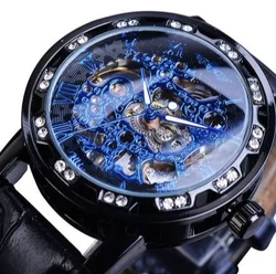 Hot selling 2024 new men's fashion casual popular rhinestone hollowed out manual mechanical watch Shipped within 48 hours