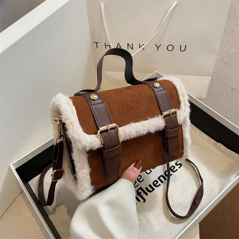 Winter Crossbody Bags for Women New Lamb Plush Velvet Patchwork Pu Leather Lady Handbag Soft Versatile Commuter Small Square Bag