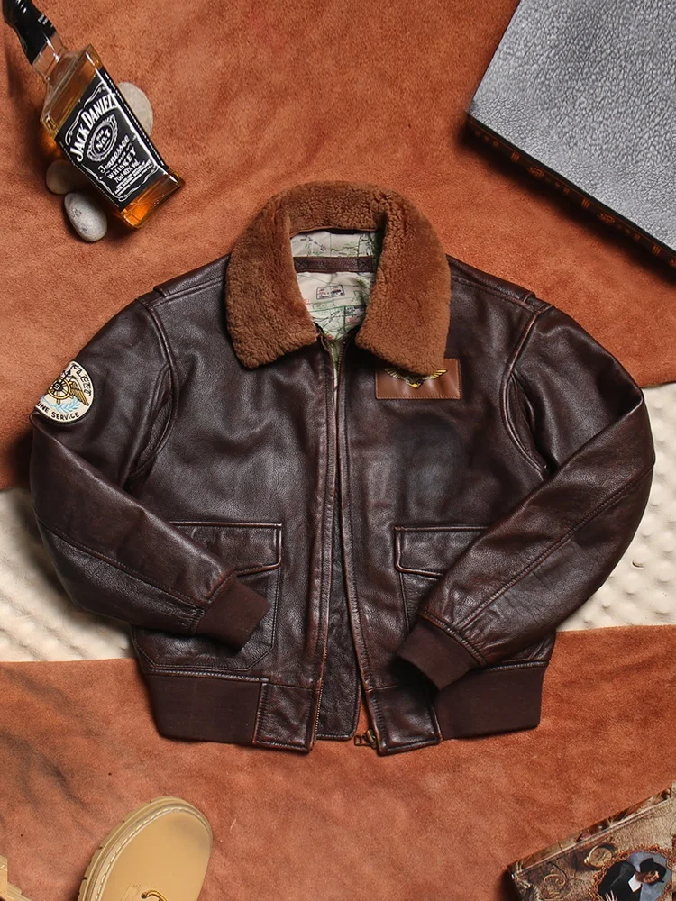 Retro American Men's Faded Leather Jacket Short A2 Flight Jacket Wool Collar Genuine Top Layer Cowhide Youth Fashion City Win...