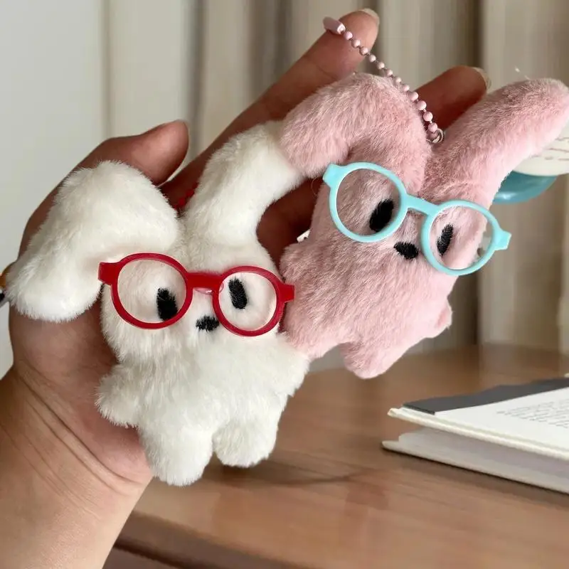 Soft Cartoon Bunny Keyring with Red Glasses; Perfect for Student Backpack Decoration and Couple Gifts