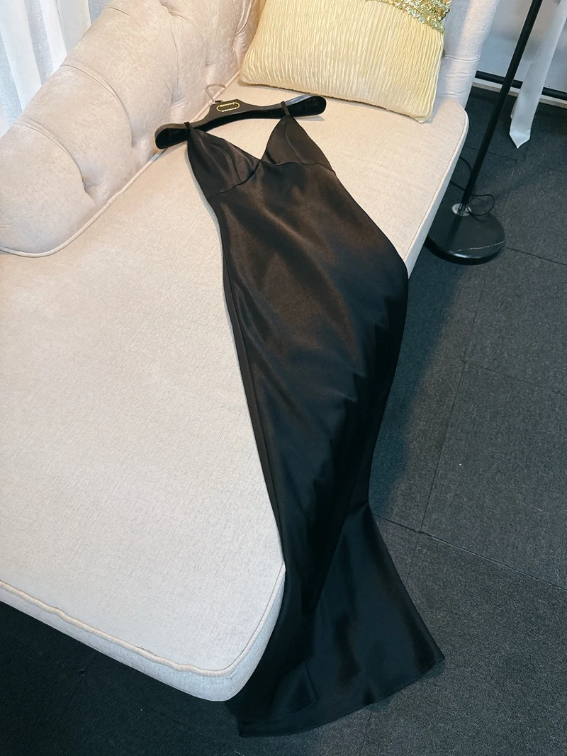 Sukienka retro Ele Bla satynowa, seksowna z dekoltem w serek, na ramiączkach, balowa, dla kobiet, z wysokim stanem, jedwabista, gładka, letnia suknia wieczorowa.