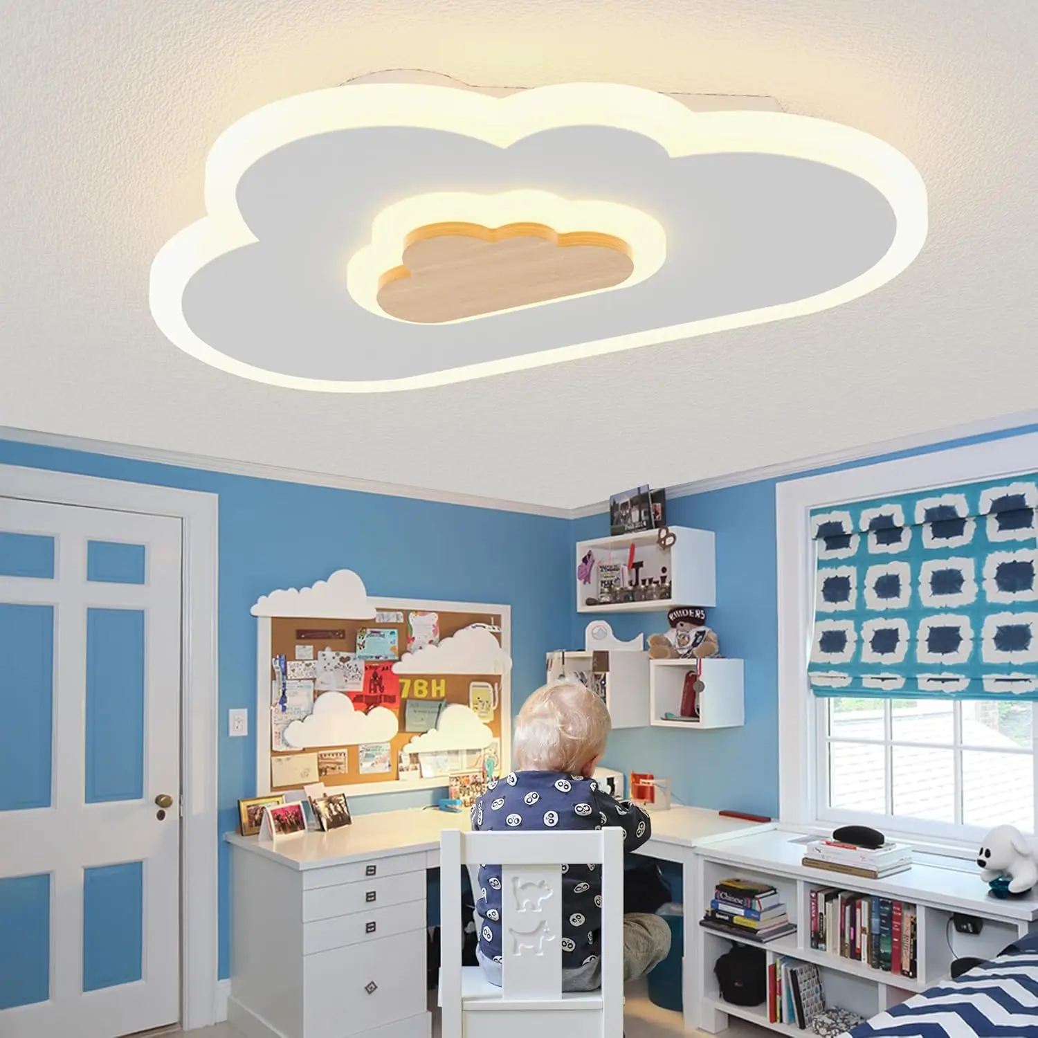 

Dimmable LED Cloud Ceiling Light with Remote, 20W Creative Wooden Fixture for Kids Bedroom Living Room